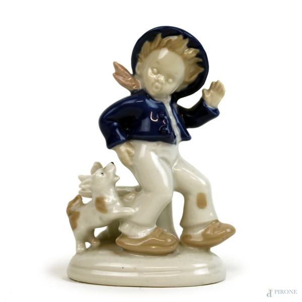 Bambina con cagnolino, scultura in porcellana policroma, cm h 11,5, marchio Grafenthal alla base, (lievi difetti).