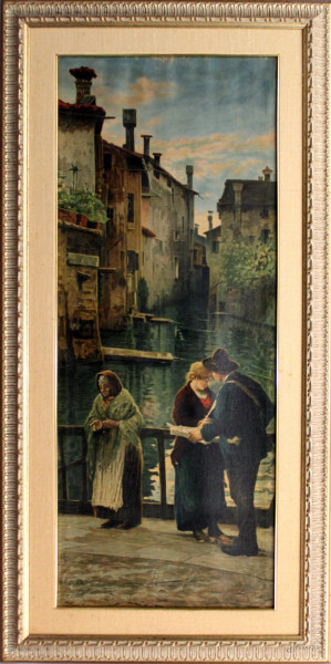 Scorcio veneziano con figure, oleografia 44x110 cm, primi &#39;900.