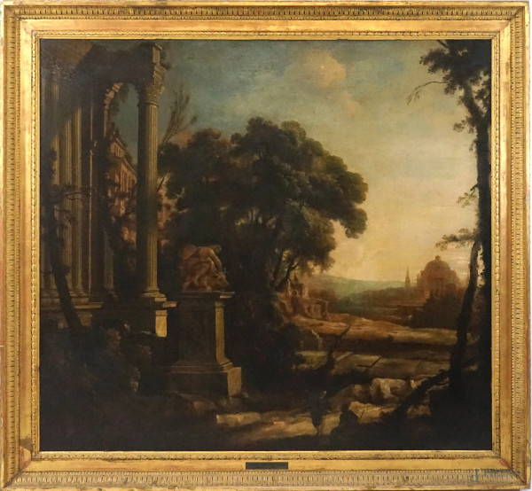 Attr.a Antoine Pierre Patel (1648-1707), Capriccio architettonico con figure, olio su tela, cm 131x119, entro cornice.