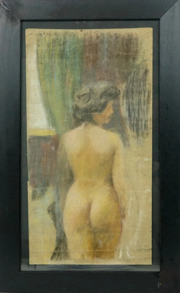 Nudo di donna, pastello su carta, cm 49,5x27, firmato a tergo Alberto Ferrini, entro cornice.