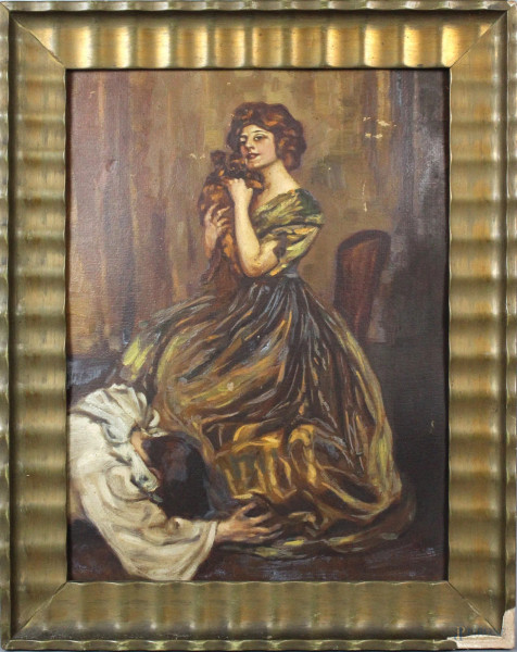 Donna con gatto, olio su cartone, cm. 40x30, entro cornice.