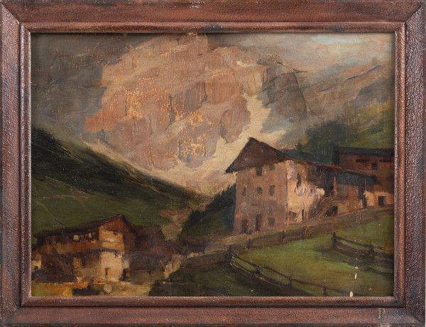 Paese montano, XX secolo, olio su cartone, cm 56x75, firmato in basso a destra, entro cornice, (segni di usura, abrasioni, supporto imbarcato, cadute di colore, rotture, difetti)