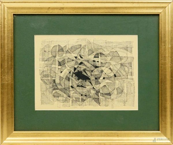 Artista del XX secolo, Composizione astratta, china su tela, cm 15x20, in cornice