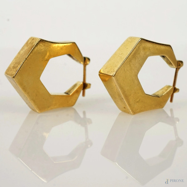 Coppia di orecchini in oro 18 kt, cm 2,5, peso gr. 8,6