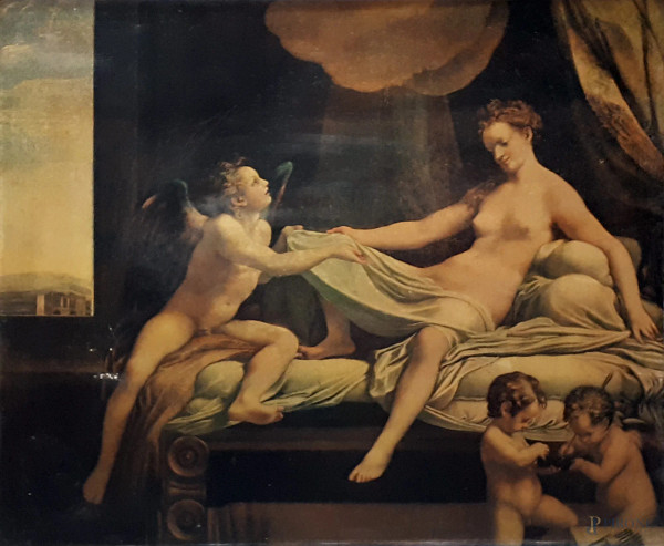 Correggio (1489-1534) La Danae, riproduzione fotografica applicata si pannello in faesite a cura dell’Istituto Poligrafico dello Stato, anni ‘50, cm 87x71