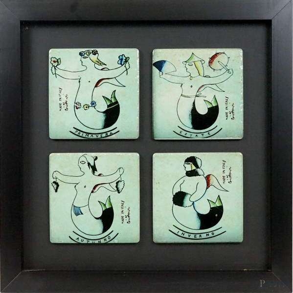 Gi&#242; Ponti - Le stagioni, quattro mattonelle in ceramica policroma, cm 15x15 cadauna, entro un'unica cornice
