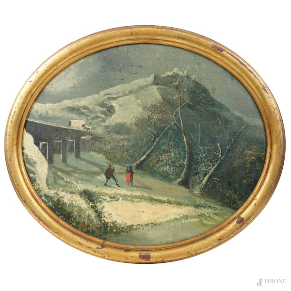 Paesaggio di montagna innevato con viandanti, olio su cartone telato in assetto ovale, XIX-XX secolo, cm 49,5x60, entro cornice