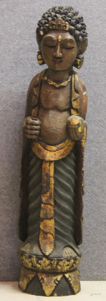 Divinita' orientale, scultura in legno dipinto e dorato inizi XX sec. h 98 cm