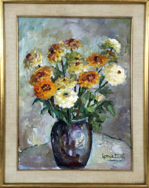 Vaso con fiori, olio su cartone telato, cm. 40x30, firmato Lucia Foretich, entro cornice.