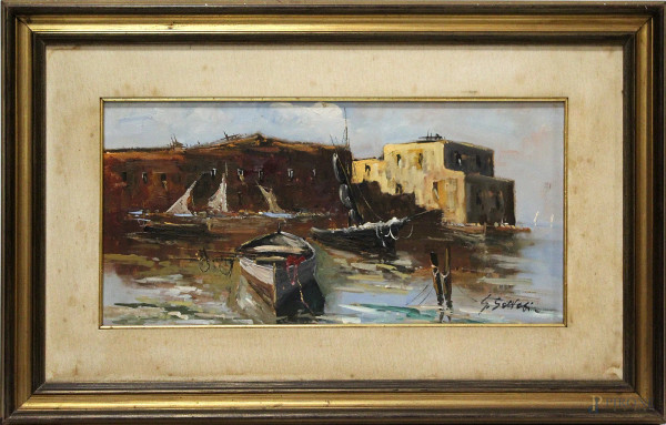 Città marina con barche,olio su tela 49x24 cm, in cornice.