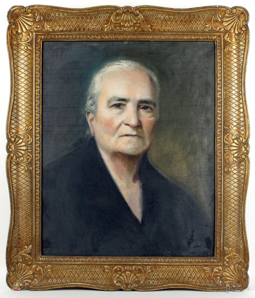 Ritratto di anziana, olio su tela, cm 48x38, XX secolo, entro cornice