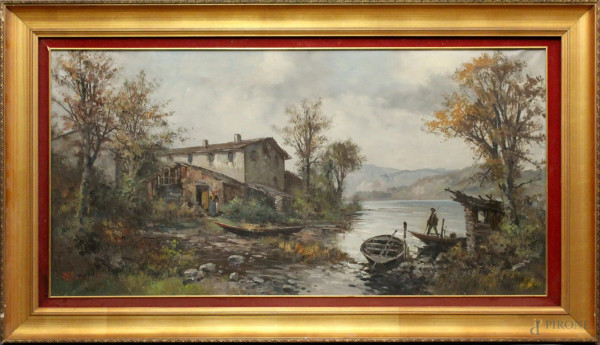 Ercole Magrotti - Paesaggio lacustre con casolare e figure, olio su tela cm 60x120, entro cornice.