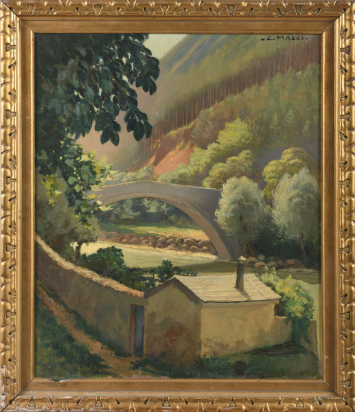 Scorcio fluviale, XX secolo, olio su tela, cm 55x46, firmato in alto a destra, entro cornice