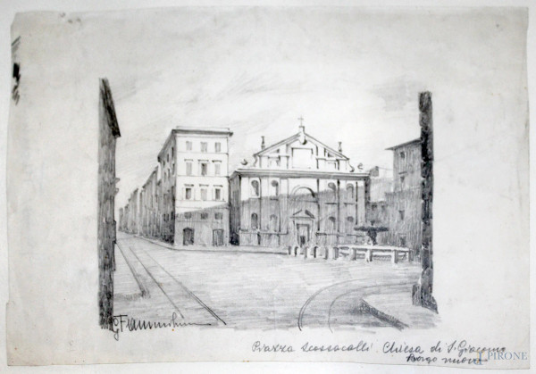 Chiesa di S. Giacomo, disegno a matita su carta, cm 22 x 32, entro cornice.