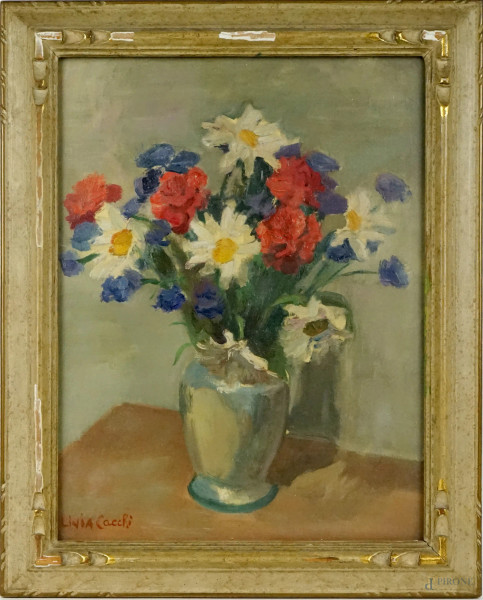 Vaso con fiori, olio su cartone telato, cm 40x30,5, firmato, entro cornice