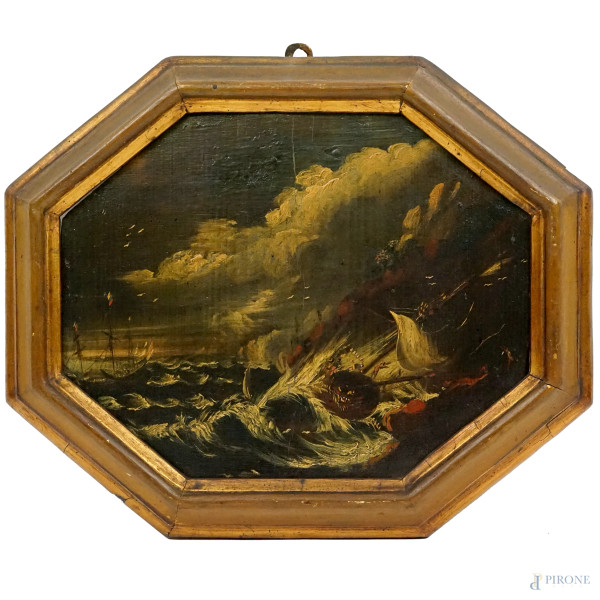 Marina in tempesta, olio su tavola ad assetto ottagonale, cm 25x31, XIX secolo, in cornice
