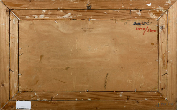 La caccia, olio su tavola, firmato in basso a sinistra, cm 28x54,8, entro cornice