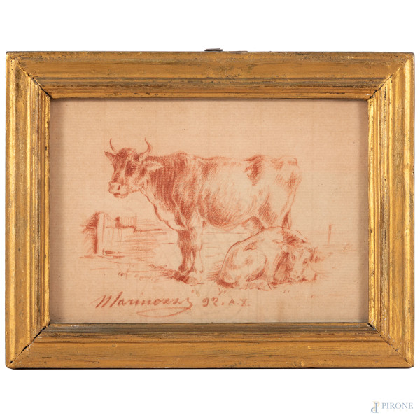 Lotto composto da tre disegni a sanguigna raffiguranti animali, XX secolo, misure massime cm 18x1...