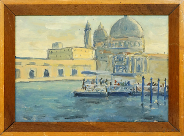 Scorcio di Venezia, olio su compensato, cm 24,5x35, firmato a tergo, entro cornice