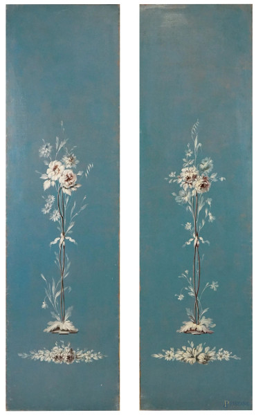 Fiori, coppia di dipinti ad olio su tela, cm 201x57, prima metà XX secolo.