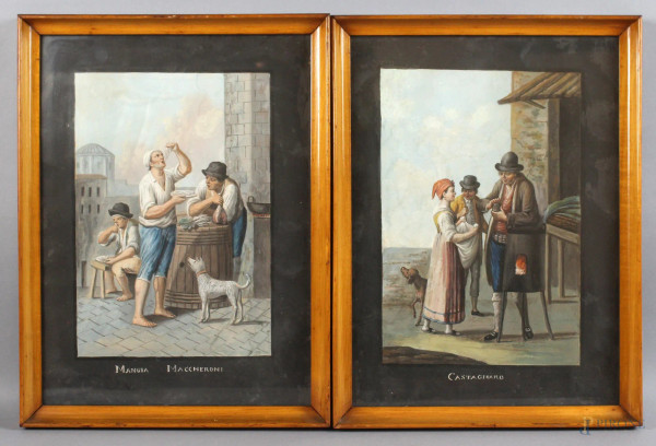Coppia di dipinti raffiguranti il castagnaro e il mangia maccheroni, acquarello su carta, cm. 33,5x24,5, XX secolo, entro cornici.