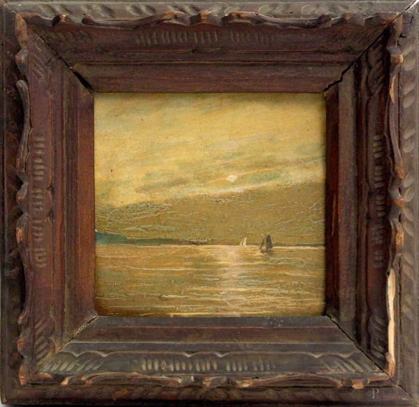 Paesaggio marino con barche, olio su cartone cm. 14x14, entro cornice.