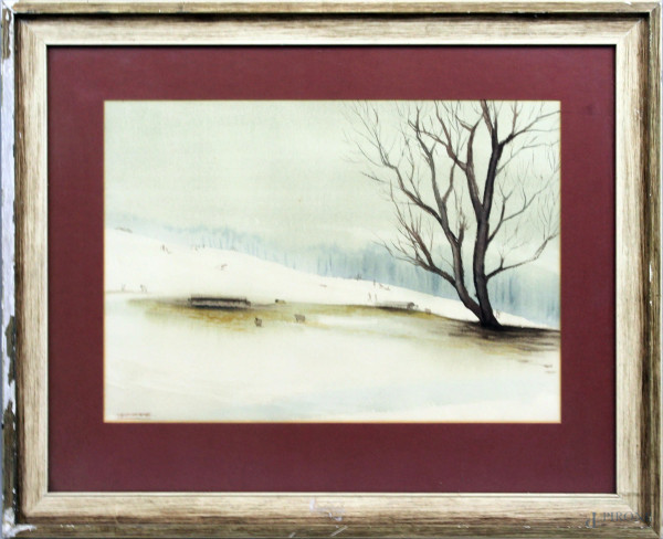 Paesaggio invernale, acquarello su carta, cm 35x50, firmato, entro cornice.