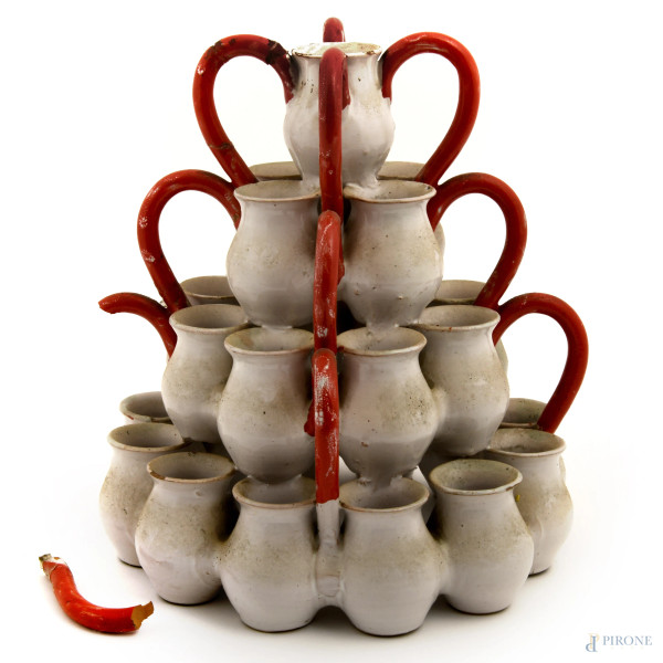 Vaso Art Deco ad anfore in ceramica smaltata, anni Cinquanta del XX secolo, cm 26x22x22 (difetti e rotture)