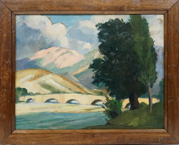 Paesaggio con ponte, olio su carta applicata su cartone, cm 33x41,5, firmato a tergo, entro cornice.