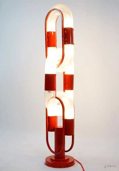 Attr. a Carlo Nason per Mazzega, Murano, anni '70, lampadario in vetro pulegoso, struttura in metallo laccato rosso, cm h 121, (lievi difetti sulla struttura metallica)