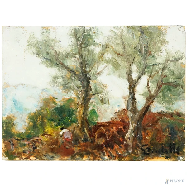 Alberi, olio su compensato, firmato in basso a destra Bocchetti, cm 17,9x24