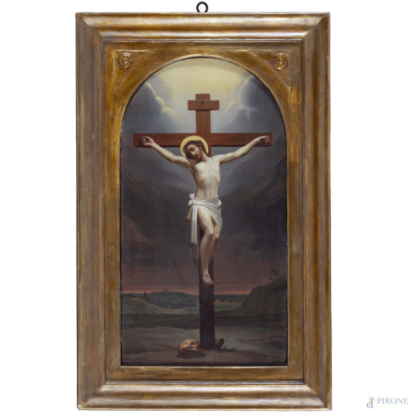 Crocifissione, XIX secolo, olio su tela, cm 56,5x30, entro cornice