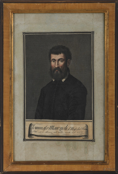 Lotto di 8 stampe con ritratti di artisti, XIX secolo, carta applicata su carta, cm totali 39x24,...