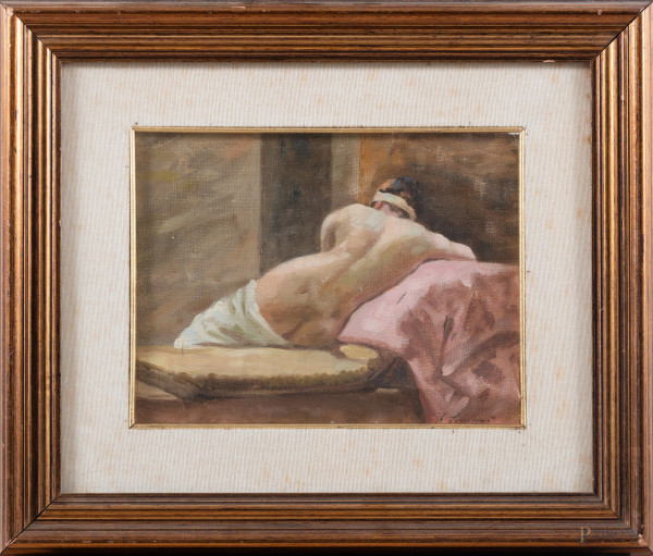 Nudo di donna di schiena, XX secolo, olio su tela, cm 24x31, firmato in basso a destra, entro cornice,(segni di usura, lievi abrasioni, ondulazioni della tela, segni di piegatura)