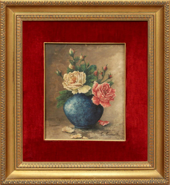 Vaso con fiori, olio su tavola, cm. 27x22, firmato Louis Lamalle, entro cornice.