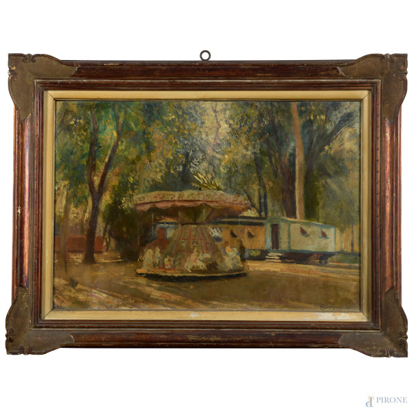 Edoardo Gordigiani ( 1866-1961), Carosello, olio su cartone, cm 44,5x65,5, firmato e datato 