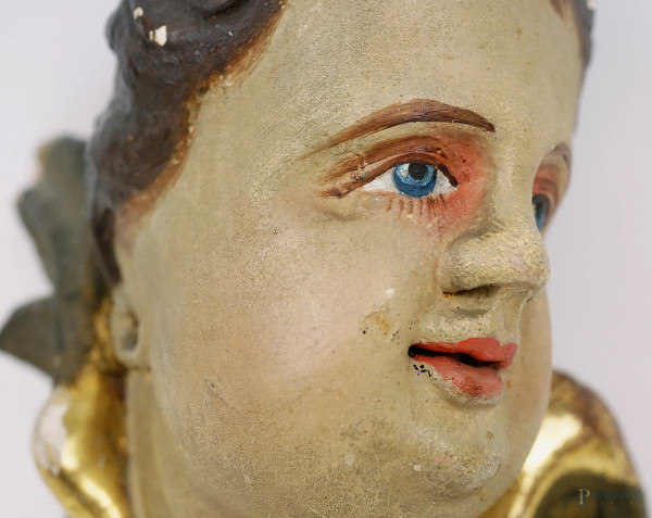 Testa di cherubino, antica scultura in legno policromo, cm h 23 circa, (difetti)
