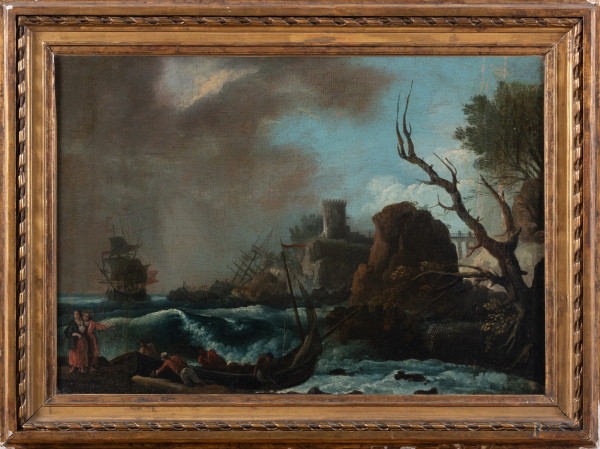 Mare in burrasca, XIX secolo, olio su tela, cm 44x61, entro cornice, (segni di usura, craquelure)