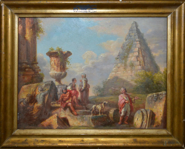 Paesaggio con rovine e figure, olio su rame 25x18 entro cornice dorata.