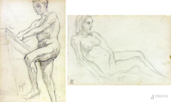 Iorio Galli (XIX sec.) Nudo maschile e nudo femminile, lotto composto da due disegni a grafite dell’800, cm 19x29 ciascuno, firma e timbro Collezione Spadaro