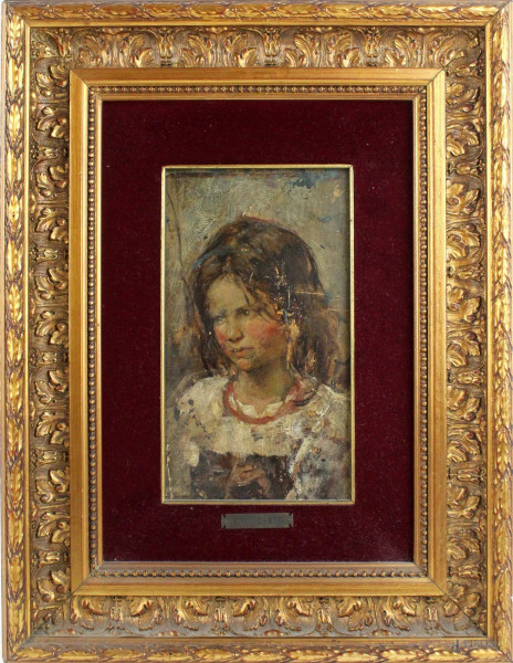 Francesco Paolo Michetti - (Attribuito), Ritratto di fanciulla, olio su tavola, cm. 26x14, entro cornice.