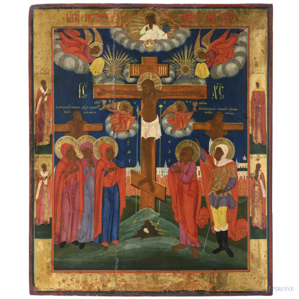 Icona raffigurante Crocifissione, XIX secolo, tempera su tavola, cm 50x41, (segni di usura, abrasioni, fessurazioni, restauri, difetti)