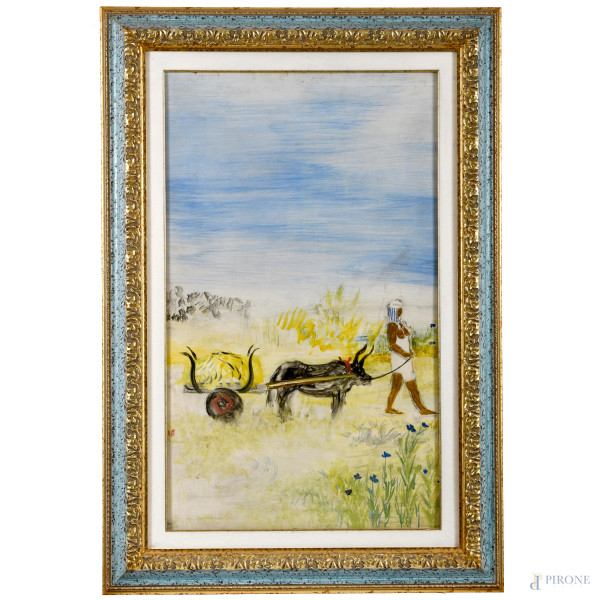 Giovanni Omiccioli (1901 - 1975), Carro con bue, tecnica mista compensato, firmato in basso a sinistrato, cm 88x53, firmato, titolato e datato al retro "1954", entro cornice