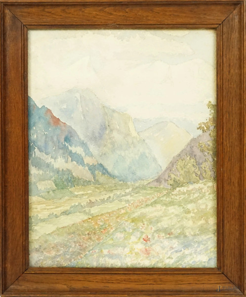 Paesaggio montano, acquerello su carta, inizi XX secolo, cm 34x27, entro cornice