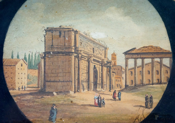 Quattro vedute di Roma ad assetto circolare, tempera su pergamena, diametro max cm 14.5, misura t...
