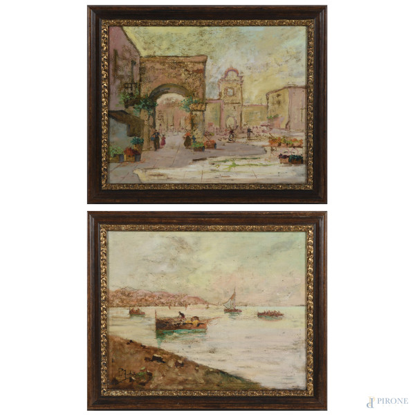 Cassapanca in legno con fronte decorato ad intaglio tripartito in tre pannelli. Piano apribile a ribalta  [..]