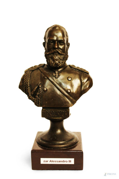 Zar Alessandro II, busto in bronzo con base in legno, H 24 cm.