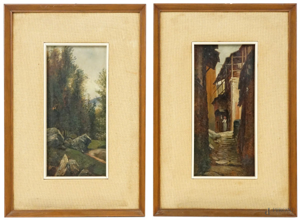 Due dipinti raffiguranti scorci di bosco e paese, olio su tavola, cm 21x10, siglati, entro cornici.