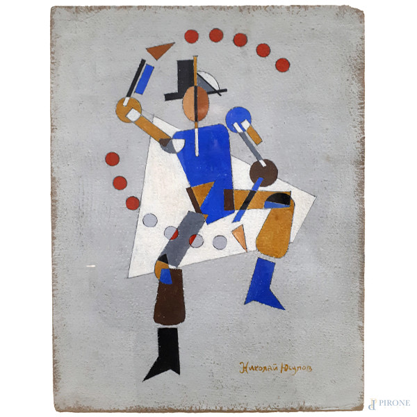 Scuola dell’Avanguardia Russa del Novecento, Nikolay Yusupov (XX sec.) Figura suprematista, tecnica mista su cartone, cm 34x26, firmato in caratteri cirillici