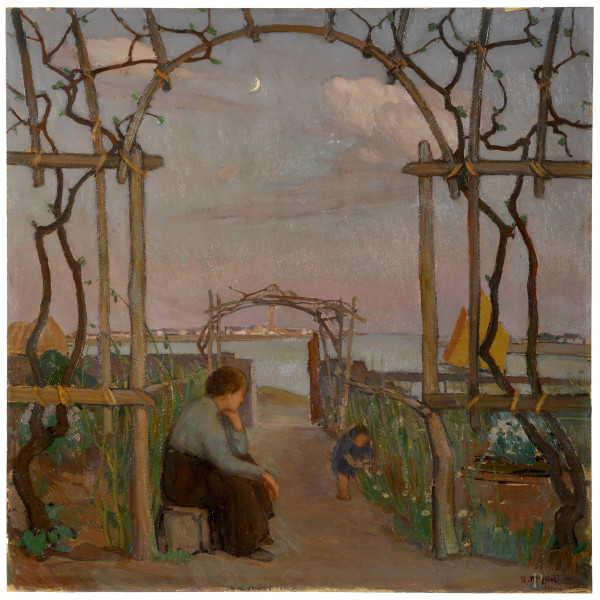 Umberto Moggioli (1886 – 1919), Sera di Primavera [1914], olio su cartone pressato, cm 70x70, firmato in basso a destra, entro cornice